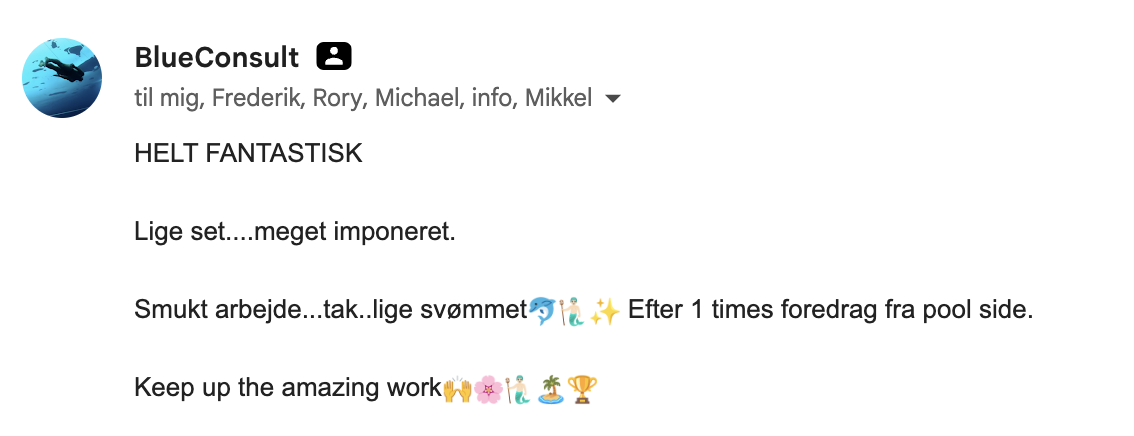 Mail fra BlueConsult: HELT FANTASTISK - lige set, meget imponeret. Smukt arbejde.