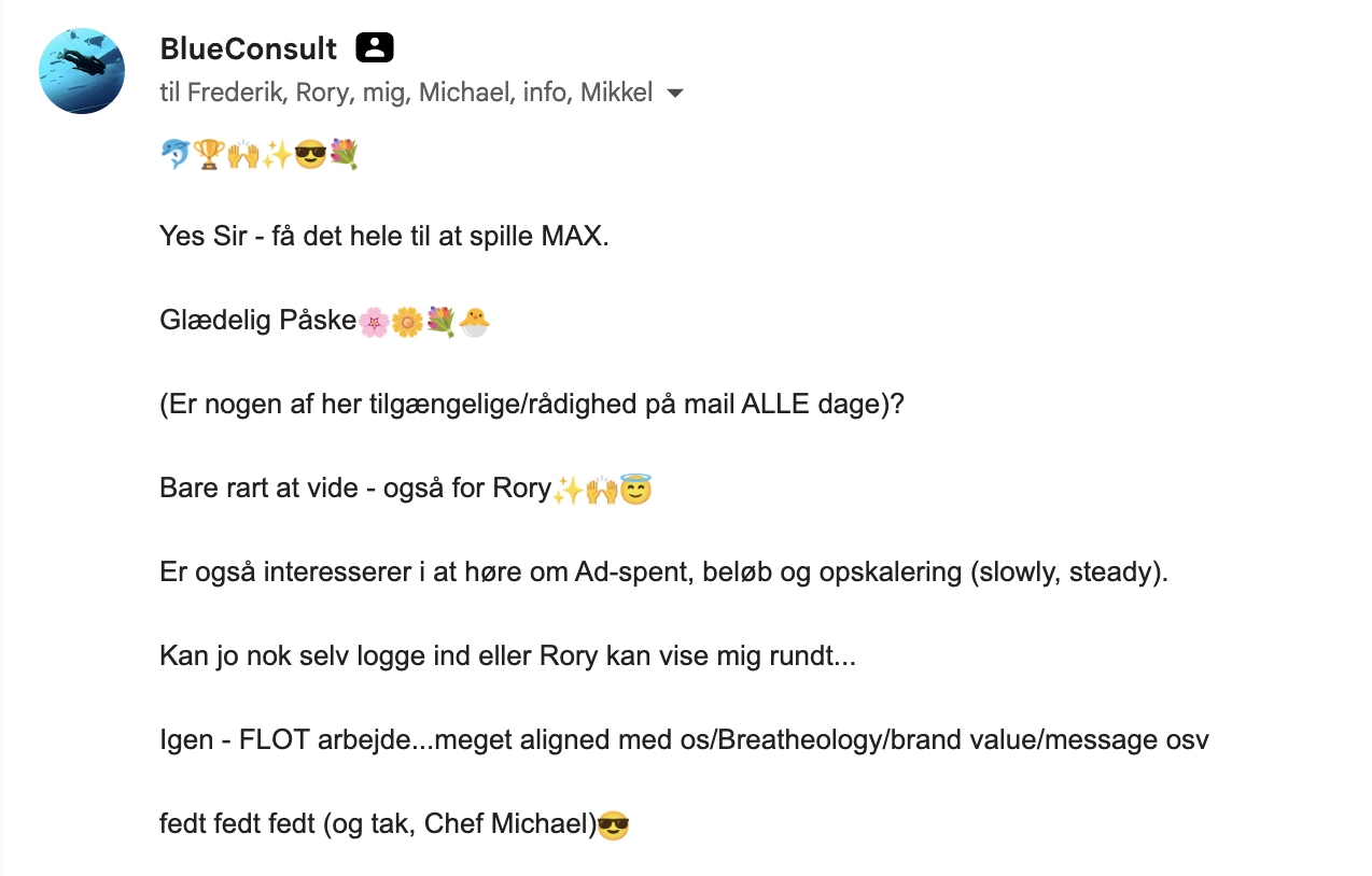 Mail fra BlueConsult: Yes Sir - få det hele til at spille MAX. FLOT arbejde.